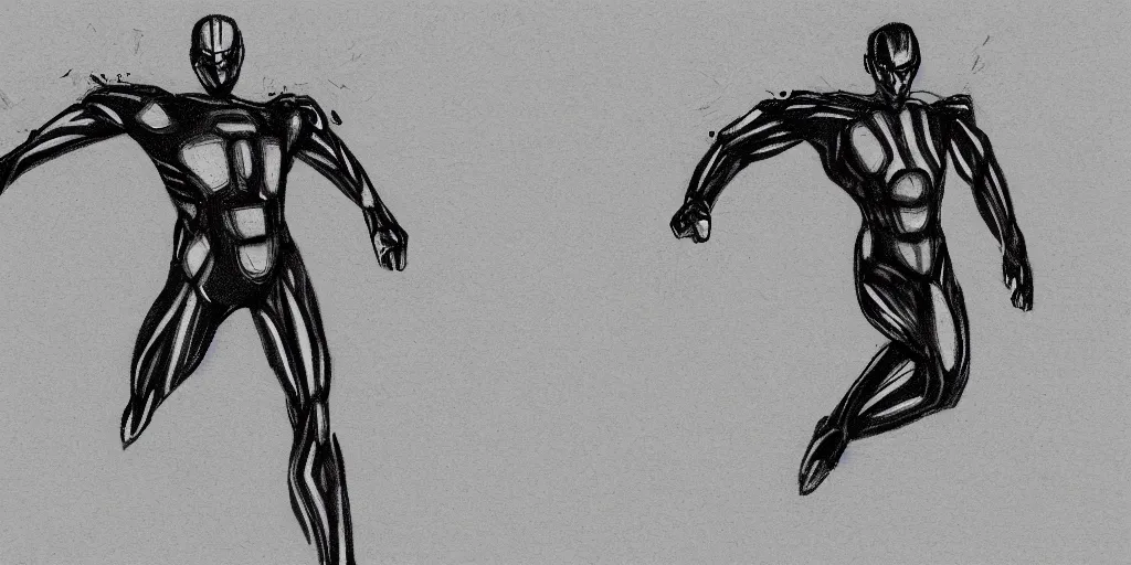 Image similar to a simple black and white pencil storyboard sketch of a giant humanoid athletic sleek futuristic humanoid android powering up as small floating particles swirl around it, lines of energy