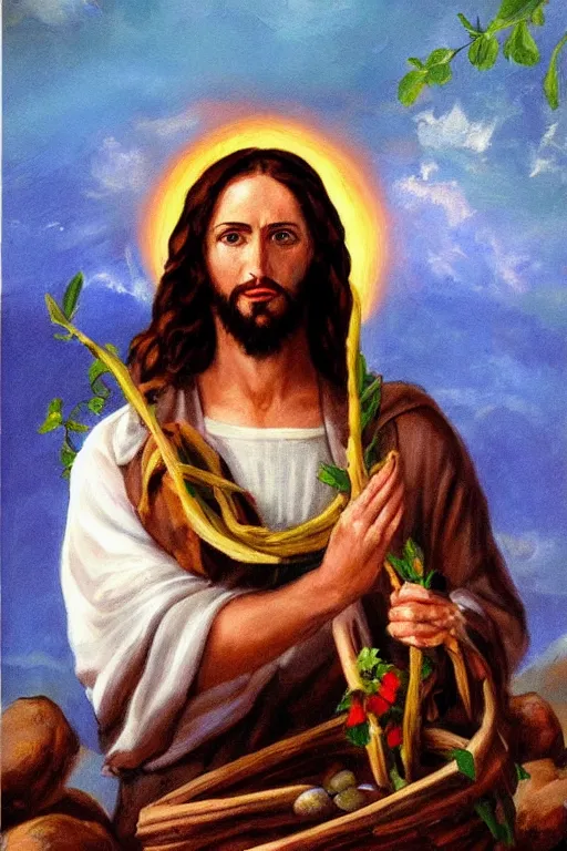 Prompt: painting of jesus christ with blindfold!!!!!! holding cornucopia!!!!!!