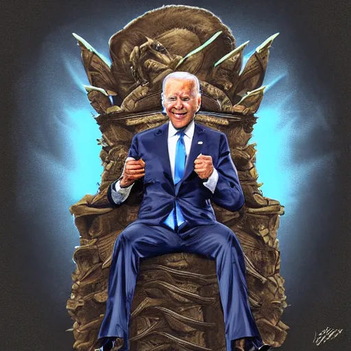 Image similar to Demon Joe Biden sitting on a throne of skulls, digital painting