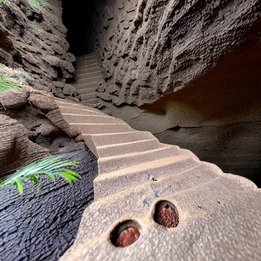 Image similar to The stairway is cut into the rocky sides of the chasm, descending to the bottom. The handholds of the stairway are smooth, and the sandy earth of the pathway is imbued with the scat of a variety of animals. You spot a web-toed humanoid footprint, descending into the cavern.