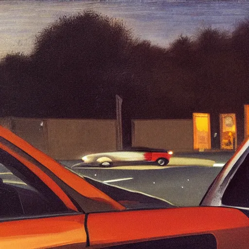 Image similar to a man in his car queuing in traffic at dusk, angry at other motorists, in the background the queue of cars, painted by caravaggio