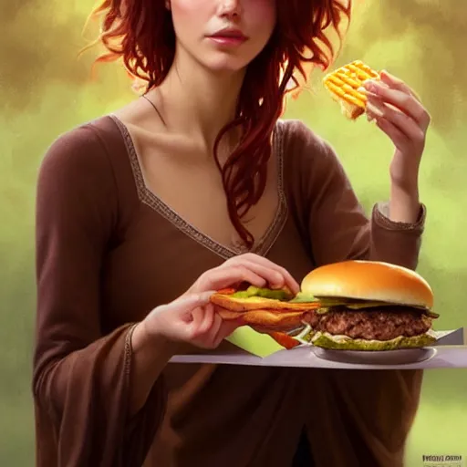 Prompt: portrait ofTawny Robinson eating hamburgers, extra onions and ketchup, luscious patty with sesame seeds, feminine ethereal, handsome, D&D, fantasy, intricate, elegant, highly detailed, digital painting, artstation, concept art, matte, sharp focus, illustration, art by Artgerm and Greg Rutkowski and Alphonse Mucha