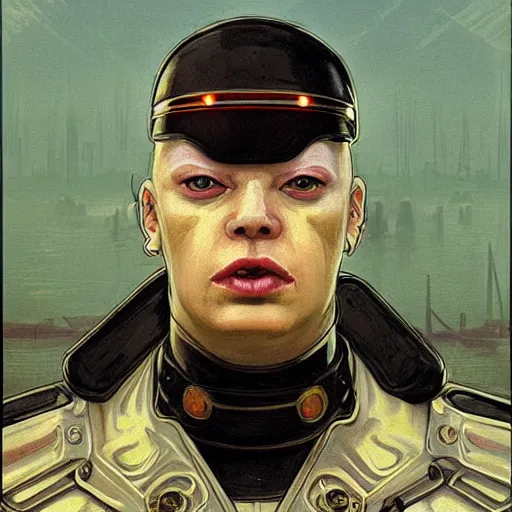 Image similar to portrait of rubbery albino mutant with moist skin, huge black eyes and determined expression, wearing fascist Byzantine police uniform and standing on cyberpunk docks, Dune concept art by Anato Finnstark, Alphonse Mucha, and Greg Rutkowski