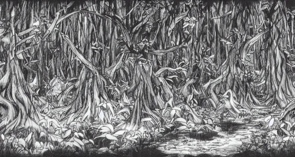 Image similar to A dense and dark enchanted forest with a swamp, by Yoshihiro Togashi