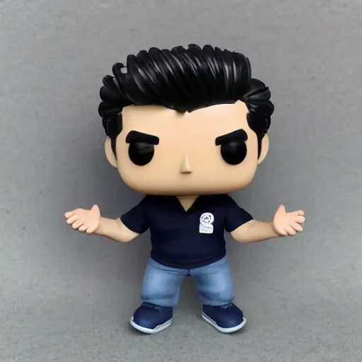 Prompt: a 30 year old skinny Peruvian programmer guy, clean shaven face, with thick straight brush up black hair on top, short on sides, in a dark green polo shirt, blue jeans and grey sneakers funko pop close up highly detailed photo