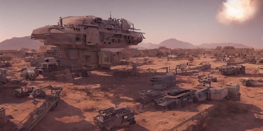 Image similar to world war 5 high tech base in a desert, unreal 5, hyperrealistic, realistic, photorealistic, dynamic lighting, highly detailed, cinematic landscape, studio landscape, studio lighting