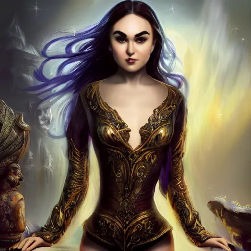 Prompt: photo-full-body-portrait of beautiful sasha grey as a fearless goddess with magical powers, 8k high details, detailed and intricate, elegant, ornate, elite, ominous, beautiful digital painting, cinematic, cgsociety, artstation, octane render, 8k, unreal engine