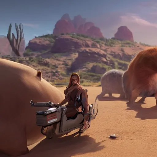 Image similar to female jedi riding a giant capybara into battle unreal 5, hyperrealistic, realistic, photorealistic, dynamic lighting