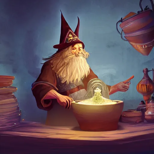 Image similar to wizard making a potion, digital art, 4 k, fantasy,