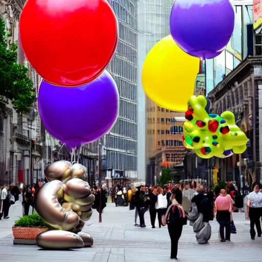 Prompt: Jeff Koons balloon statues in the middle of a busy city street
