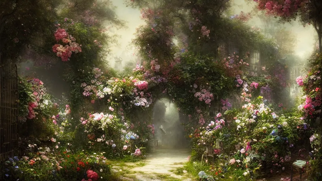 Image similar to a secret garden with many flowers. andreas achenbach, artgerm, mikko lagerstedt, zack snyder, tokujin yoshioka