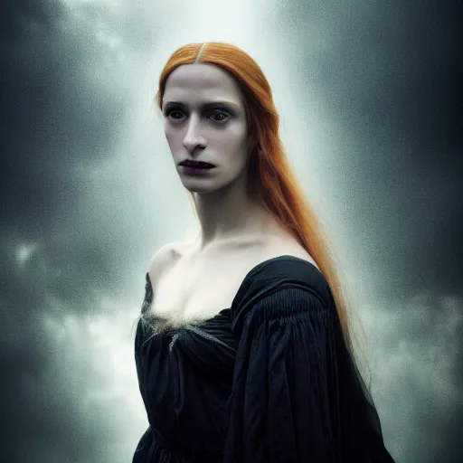 Prompt: photographic portrait of a stunningly beautiful female renaissance witch, dark moody clouds, god rays, contemporary fashion shoot, by edward robert hughes, annie leibovitz and steve mccurry, david lazar, jimmy nelsson, breathtaking, 8 k resolution, extremely detailed, establishing shot, artistic, hyperrealistic, perfect face, octane render