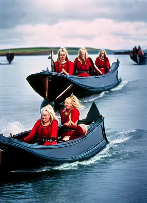 Image similar to photo of viking women in speed boats invading scottland, hyperrealism, fujifilm velvia 5 0