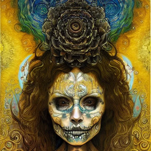 Prompt: Memento Mori by Karol Bak, Jean Deville, Gustav Klimt, and Vincent Van Gogh, beautiful visionary mystical portrait, calavera, otherworldly, fractal structures, ornate gilded medieval icon, third eye, spirals, sugar skull by Van Gogh