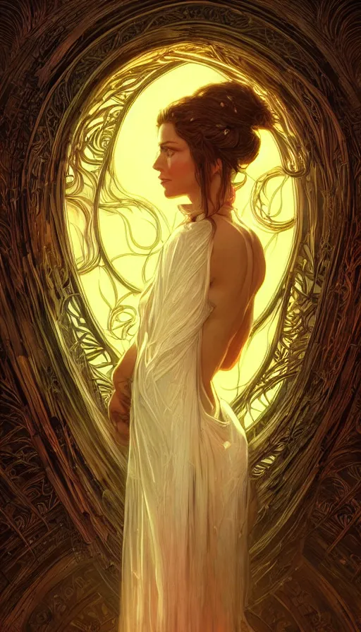 Image similar to door, gorgeous woman, lord of the rings ,neon, fibonacci, sweaty, insane, intricate, highly detailed, digital painting, artstation, concept art, smooth, sharp focus, illustration, Unreal Engine 5, 8K, art by artgerm and greg rutkowski and alphonse mucha