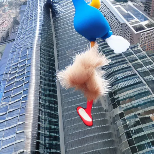 Prompt: a giant duck doll falling from an skyscraper