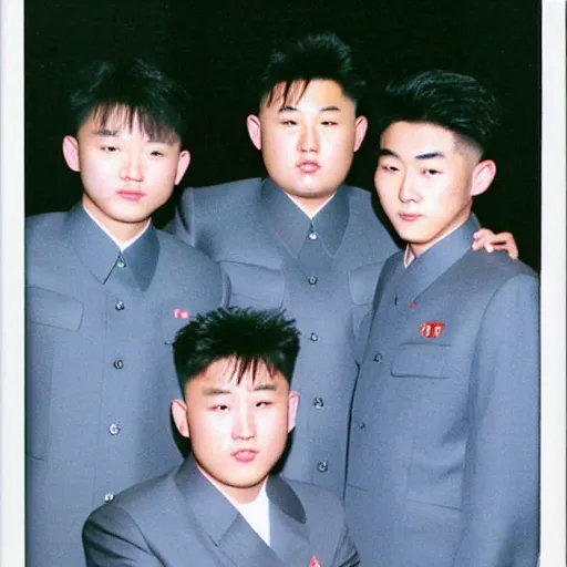 Prompt: kim jong - un in a korean boy band, polaroid picture