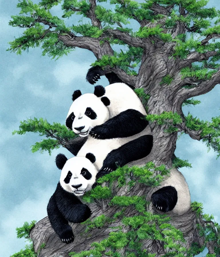 Image similar to Panda sitting on top of a trimmed tree enjoying a view of a forest. Storybook illustration,