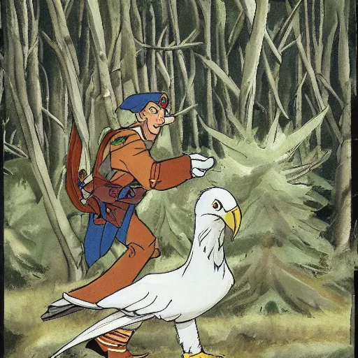 Image similar to eagle commander leading bird soldier in forest clearing, detailed, white, by don bluth