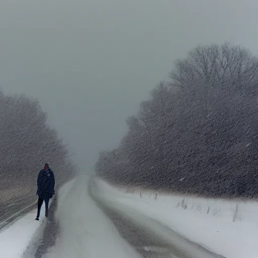 Prompt: photo of kansas flint hills covered in ice and snow, during a snowstorm. a old man in a trench coat and a cane appears as a hazy silhouette in the distance, looking back over his shoulder. cold color temperature. blue hour morning light, snow storm. hazy atmosphere. humidity haze. kodak ektachrome, greenish expired film, award winning, low contrast.