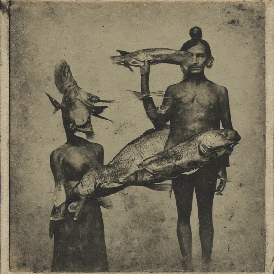 Image similar to “a daguerreotype of a cyborg Gandhi holding a large fish ”