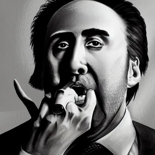 Prompt: portrait of nicolas cage eating his hand, highly detailed, professional photograph, dramatic lighting