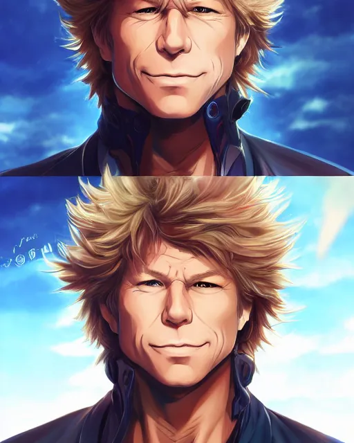 Image similar to anime portrait of Jon Bon Jovi as an anime man by Stanley Artgerm Lau, WLOP, Rossdraws, James Jean, Andrei Riabovitchev, Marc Simonetti, and Sakimichan, trending on artstation