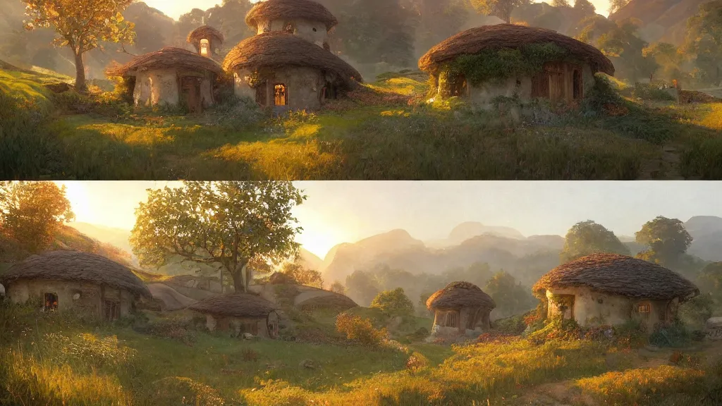 Prompt: a beautiful painting of hills in the shire with round hobbit doors and windows in them, at sunrise, intricate, elegant, highly detailed, digital painting, artstation, concept art, by krenz cushart and artem demura and alphonse mucha