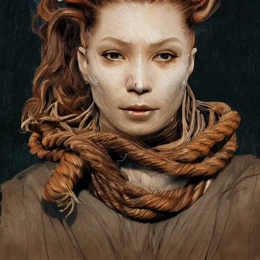 Prompt: portrait of a Shibari rope wrapped face and neck, headshot, insanely nice professional hair style, dramatic hair color, digital painting, of a old 17th century, old cyborg merchant, amber jewels, Art Nouveaux, ornate clothing, scifi, realistic, hyperdetailed, chiaroscuro, concept art, art by Franz Hals and Jon Foster and Ayami Kojima and Amano and Karol Bak,