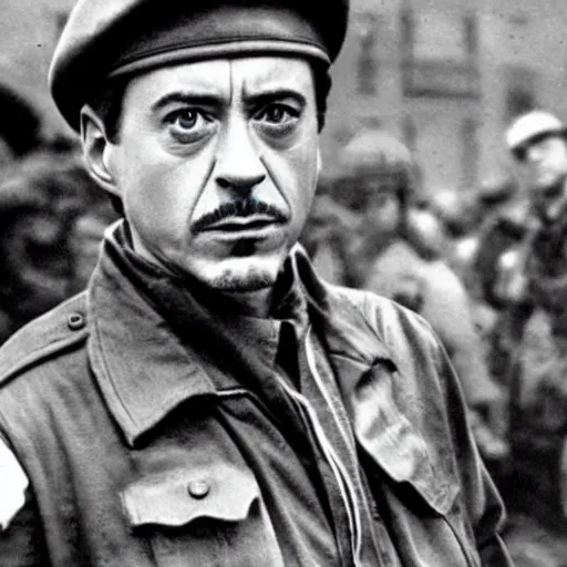 Image similar to robert downey jr as a us ww 2 soldier during the liberation of france, highly detailed, cinematic lighting, photorealistic