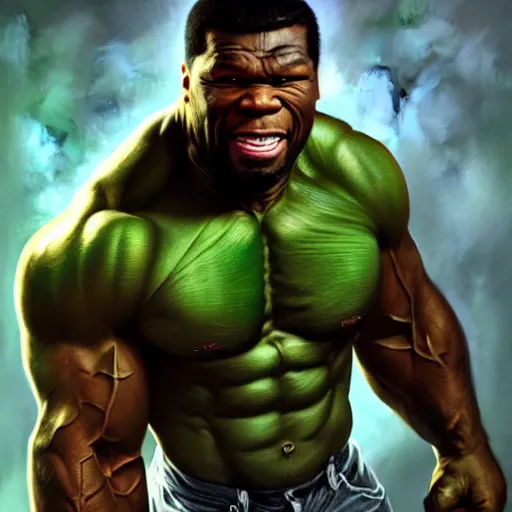 Image similar to 5 0 cent as the hulk, digital painting, extremely detailed, 4 k, intricate, brush strokes, mark arian, artgerm, bastien lecouffe - deharme