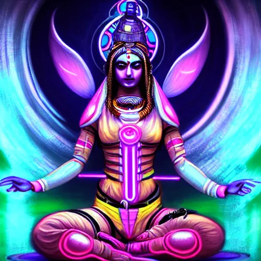 Image similar to Futuristic Cyberpunk laxmi Indian Goddess with Four Hands wearing a spacesuit sitting on a Lotus, sci-fi, neon colors, neon lights, fantasy, intricate, beautiful, elegant, attractive, highly detailed, digital painting, artstation, masterpiece, concept art, smooth, sharp focus, unreal engine 5, WLOP, Octane render, Symmetric, art by artgerm, hajime sorayama, William-Adolphe Bouguereau