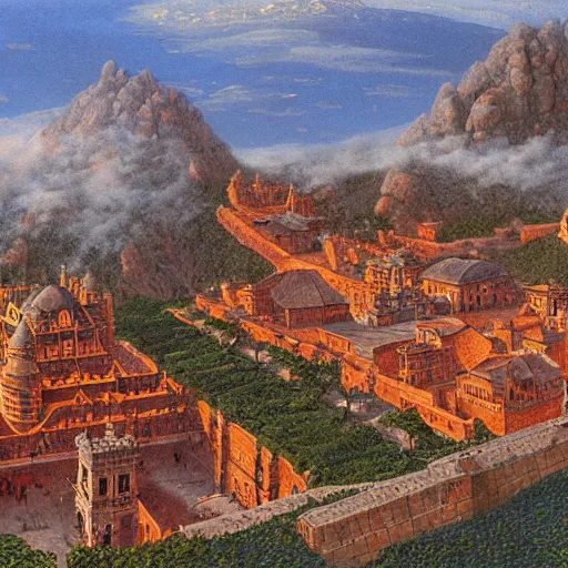 Prompt: an oblique aerial view of a medieval european fantasy city inside a volcanic caldera. the buildings are made of granite with red tiled roofs. the caldera is surrounded by shrubland. painting by ted nasmith, earl norem, bob larkin,.