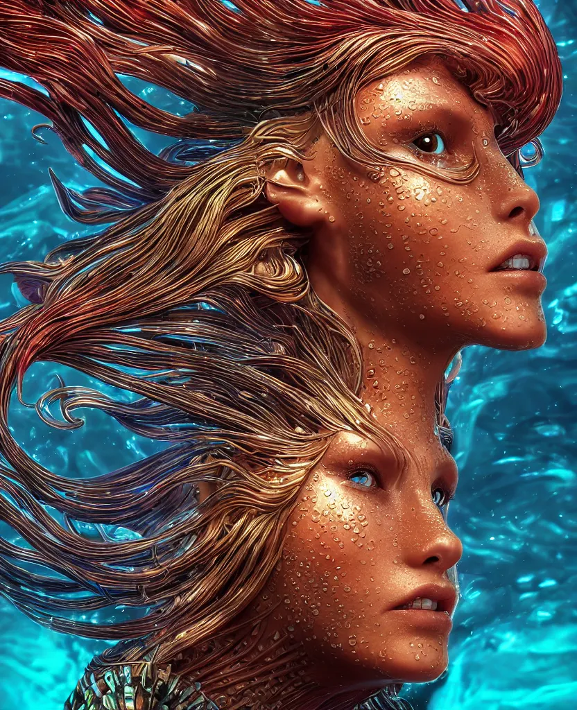 Image similar to close-up macro portrait of the face of a beautiful mermaid, epic angle and pose, symmetrical artwork, 3d with depth of field, blurred background, cybernetic lionfish female face skull phoenix bird, translucent, nautilus, energy flows of water and fire. a highly detailed epic cinematic concept art CG render. made in Maya, Blender and Photoshop, octane render, excellent composition, cinematic dystopian brutalist atmosphere, dynamic dramatic cinematic lighting, aesthetic, very inspirational, arthouse. y Greg Rutkowski, Ilya Kuvshinov, WLOP, Stanley Artgerm Lau, Ruan Jia and Fenghua Zhong