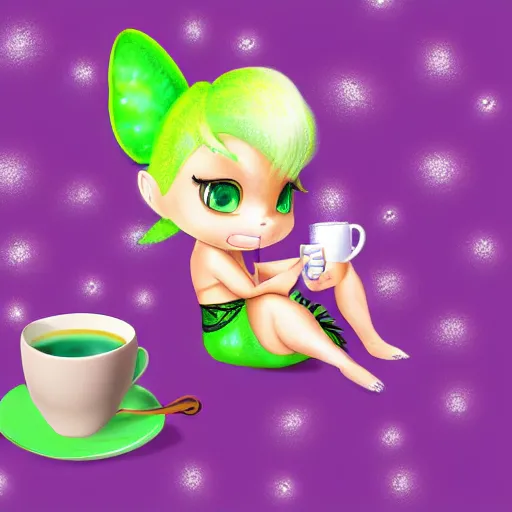 Prompt: digital painting of chibi Tinkerbell reclining and drinking coffee 4k detailed