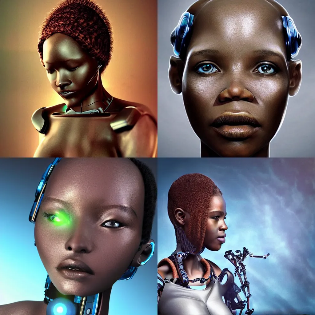 Prompt: beautiful futuristic himba cyborg woman, robotic arms, weightless in space, hyperrealistic, scifi, concept art, photograph, portrait