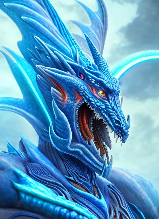 Image similar to muscular and tall blue ghostly fire humanoid dragon!!!! draconian!! intricate ornate iridescent exoesqueleton!! character concept art, sharp focus, octane render! unreal engine 5! highly rendered!! trending on artstation!! detailed linework!! illustration by artgerm, wlop, and chie yoshii