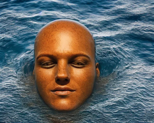Image similar to a giant sculpture of an abstract human head on the surface of the ocean, hyper - realistic, very detailed, realistic water, ray tracing, 8 k resolution, long - shot, sharp focus, low angle, 8 5 mm photograph, wide lens