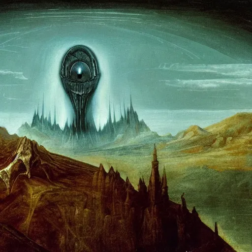 Image similar to sauron's eye watching over an haunted mountain, the sky is covered by meteors falling down, art by leonardo da vinci, by hr giger, 4 k, hyper detailed, hyperrealism, esoteric painting, no artifacts