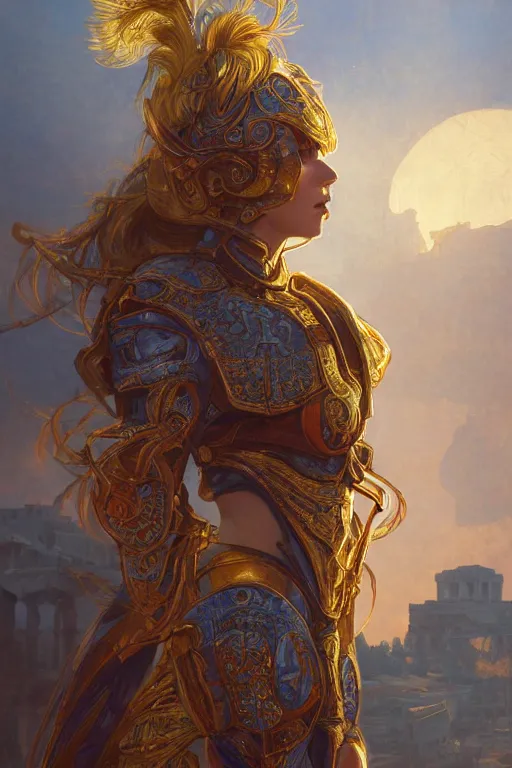 Prompt: portrait knights of Zodiac girl, metalic orange and dark blue reflected armor, in ruined Agora of Athens sunrise, ssci-fi, fantasy, intricate, very very beautiful, elegant, golden light, highly detailed, digital painting, artstation, concept art, smooth, sharp focus, illustration, art by tian zi and WLOP and alphonse mucha