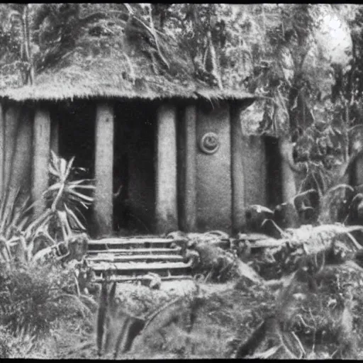 Image similar to lost film footage of a sacred indigenous artifact in the middle of the ( ( ( ( ( ( ( ( ( ( tropical jungle ) ) ) ) ) ) ) ) ) ) / ethnographic object / film still / cinematic / enhanced / 1 9 0 0 s / black and white / grain