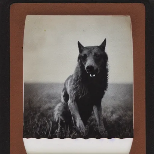 Image similar to old polaroid depicting a hellhound with white eyes and long sharp teeth, at a clearing, at dusk