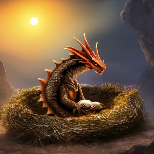 Image similar to dragon in his nest by a cavern, sunrise, ultra photorealistic, 8k, cinematic, dramatic