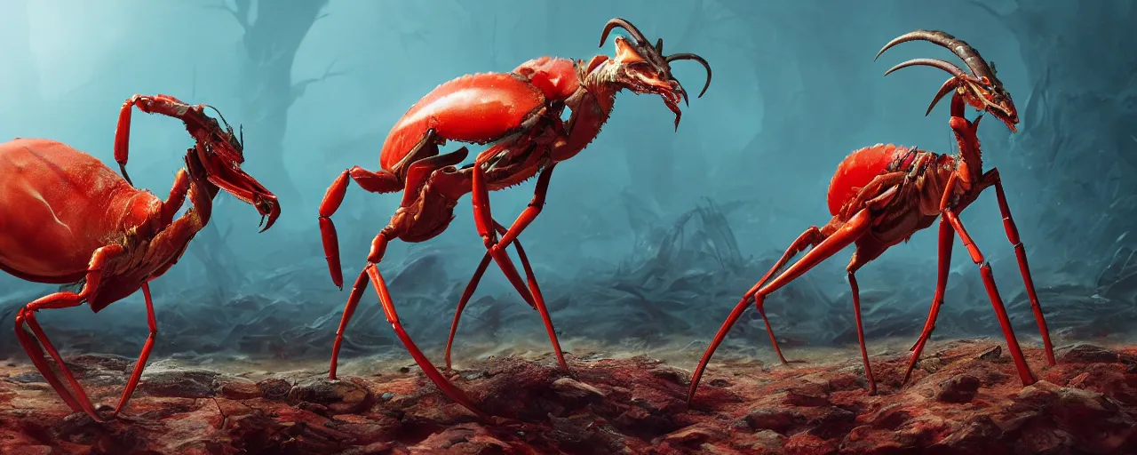 Image similar to creature design, a gazelle with red crustacean carapace, fiddler crab claws, palp eyes, cryptid, cinematic lighting, octane render, cinematic aura lighting, atmospheric, photorealistic, hyperdetailed 3 d matte painting, hyperrealism, hyperrealistic