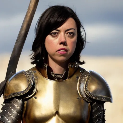 Image similar to aubrey plaza as a women warrior, leather, armor, battle axe , gold, black, brown, and white