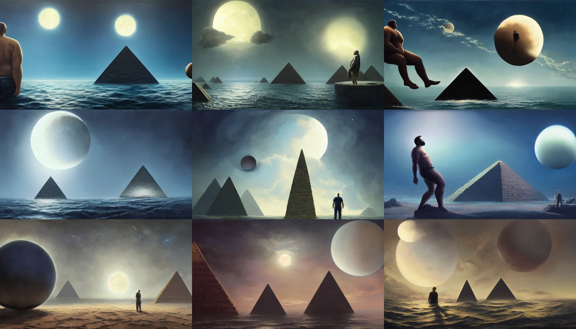 Prompt: an oil painting of a large man staring at a moon - like sphere rolling off the side of a pyramid, underwater, sideview, art by by greg rutkowski and igor kieryluk, using gradients and the degrade technique