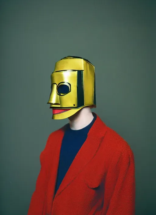 Image similar to a fashion portrait photograph of a man wearing a metal mask designed by piet mondrian, 3 5 mm, color film camera,