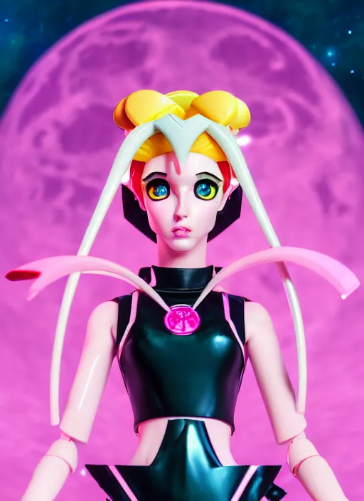 Prompt: symmetry!! portrait of a sailor moon, futuristic, dark, highly detailed, 8 0 - s style colors, sharp focus, octane render, vinyl design toy, realistic photo, studio green light on pink background