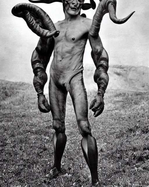 Image similar to actor Roddy McDowell in Elaborate Pan Satyr Goat Man Makeup and prosthetics designed by Rick Baker, Hyperreal, He has goat man legs, cloven feet and horns, He is holding a Pan Flute, he is wearing cargo pants