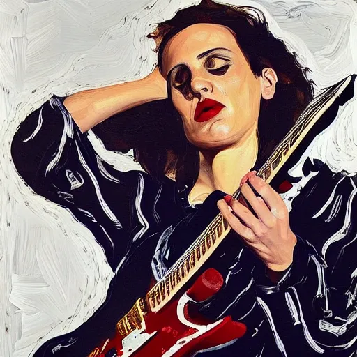 Prompt: Anna Calvi playing electric guitar, oil painting by Lucian Freud